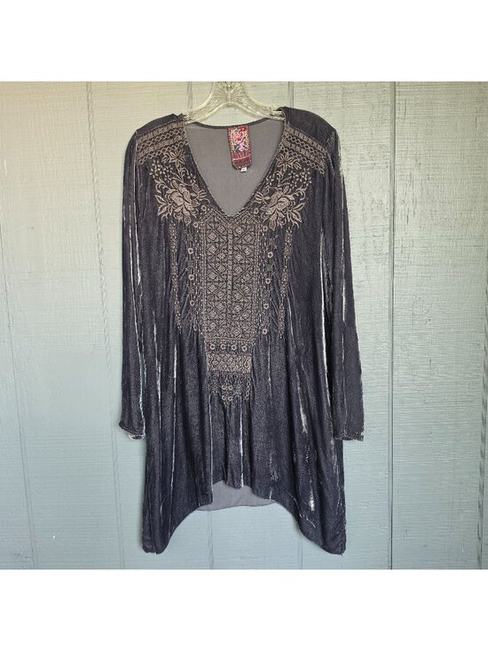 Johnny Was Tops - Johnny Was M Embroidered Velvet Tunic Top Gray Boho Long Sleeve Asymmetrical Hem